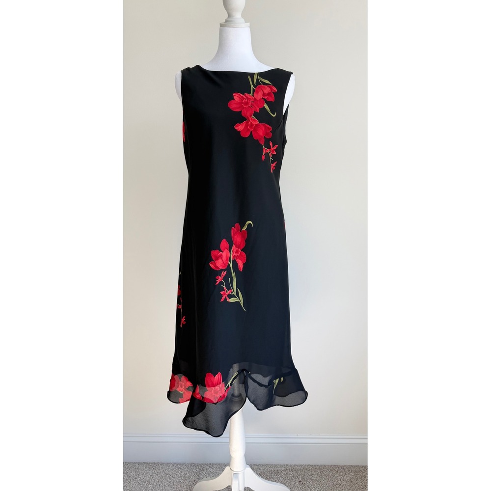 Jessica Howard Petite Floral Midi Dress Black Red Chiffon Ruffle Hem Y2K 10P